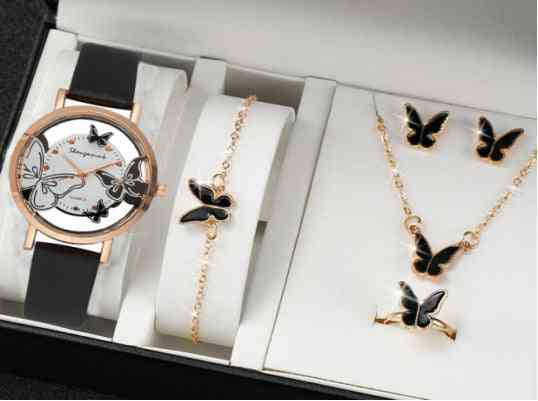 5 Piece Jewelry Set Black Butterfly Watch Suit Quartz Watch Necklace Bracelet Ring Stud Earrings 5 Piece Set