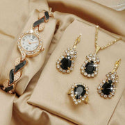 5 Piece Jewelry Set Black Love Watch Suit Quartz Watch Necklace Bracelet Ring Stud Earrings 5 Piece Set