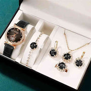 5 Piece Jewelry Set Black Watch Suit Quartz Watch Necklace Bracelet Ring Stud Earrings 5 Piece Set