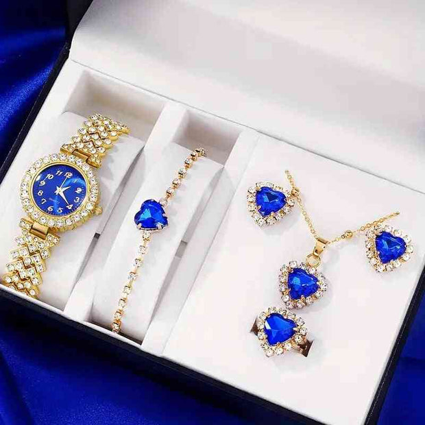 5 Piece Jewelry Set Gold Watch Suit1 Quartz Watch Necklace Bracelet Ring Stud Earrings 5 Piece Set