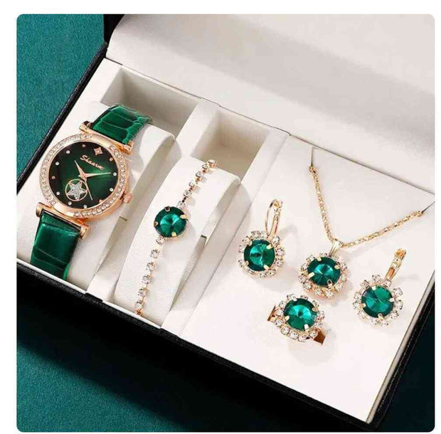 5 Piece Jewelry Set Green Watch Suit Quartz Watch Necklace Bracelet Ring Stud Earrings 5 Piece Set