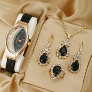 5 Piece Jewelry Set Oval Black Watch Suit Quartz Watch Necklace Bracelet Ring Stud Earrings 5 Piece Set