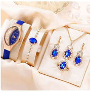 5 Piece Jewelry Set Oval Blue Watch Suit Quartz Watch Necklace Bracelet Ring Stud Earrings 5 Piece Set