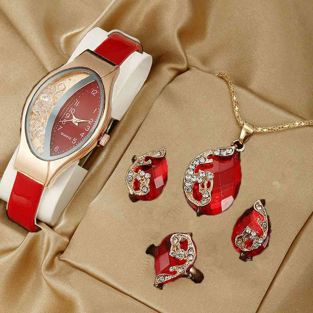 5 Piece Jewelry Set Oval Red Watch Suit Quartz Watch Necklace Bracelet Ring Stud Earrings 5 Piece Set