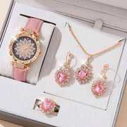 5 Piece Jewelry Set Pink Watch Suit1 Quartz Watch Necklace Bracelet Ring Stud Earrings 5 Piece Set