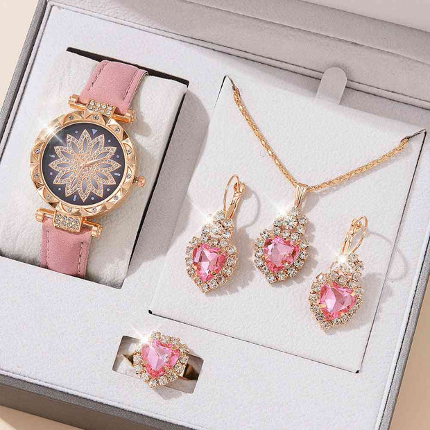 5 Piece Jewelry Set Pink Watch Suit1 Quartz Watch Necklace Bracelet Ring Stud Earrings 5 Piece Set