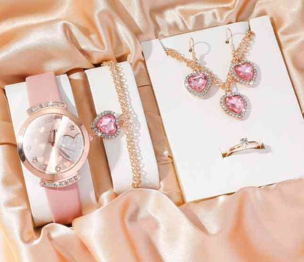 5 Piece Jewelry Set Pink Watch Suit2 Quartz Watch Necklace Bracelet Ring Stud Earrings 5 Piece Set