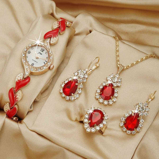 5 Piece Jewelry Set Red Love Watch Suit Quartz Watch Necklace Bracelet Ring Stud Earrings 5 Piece Set