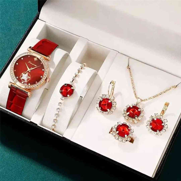 5 Piece Jewelry Set Red Watch Suit Quartz Watch Necklace Bracelet Ring Stud Earrings 5 Piece Set