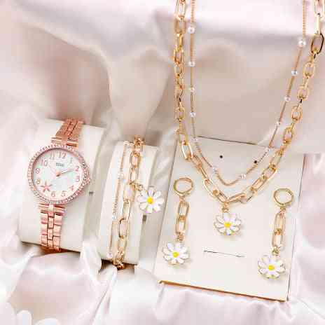 5 Piece Jewelry Set Rose Gold Watch Suit Quartz Watch Necklace Bracelet Ring Stud Earrings 5 Piece Set