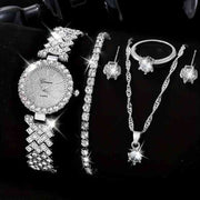 5 Piece Jewelry Set Silver Watch Suit1 Quartz Watch Necklace Bracelet Ring Stud Earrings 5 Piece Set