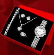 5 Piece Jewelry Set Silver Watch Suit2 Quartz Watch Necklace Bracelet Ring Stud Earrings 5 Piece Set