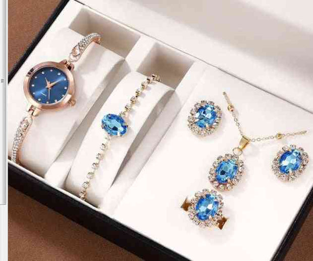 5 Piece Jewelry Set Sky Blue Watch Suit Quartz Watch Necklace Bracelet Ring Stud Earrings 5 Piece Set