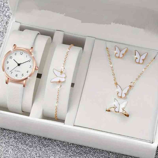 5 Piece Jewelry Set White Digit Watch Suit Quartz Watch Necklace Bracelet Ring Stud Earrings 5 Piece Set