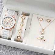 5 Piece Jewelry Set White Geneva Watch Suit Quartz Watch Necklace Bracelet Ring Stud Earrings 5 Piece Set