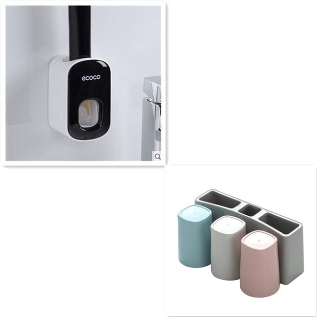 Automatic Toothpaste Dispenser Black Three cups Wall Mounted Automatic Toothpaste Holder Bathroom Accessories Set Dispenser