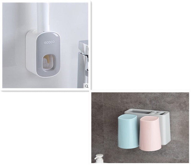 Automatic Toothpaste Dispenser Grey Double cups Wall Mounted Automatic Toothpaste Holder Bathroom Accessories Set Dispenser