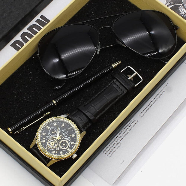 Business Sunglasses Black gift box set Men's Quartz Watch Business Sunglasses Sunglasses Pen Gift Set