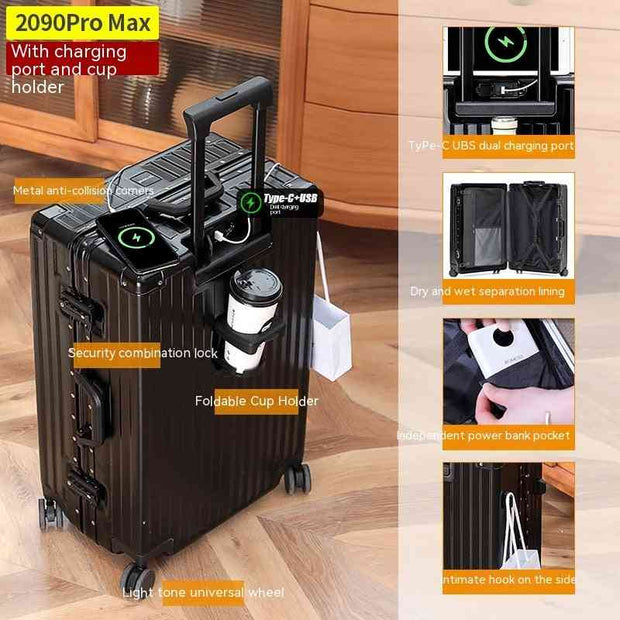 Cup Holder And USB Charging Travel Lugga ProMax Aluminum Frame Black / 20 Inches Cup Holder And USB Charging Travel Luggage