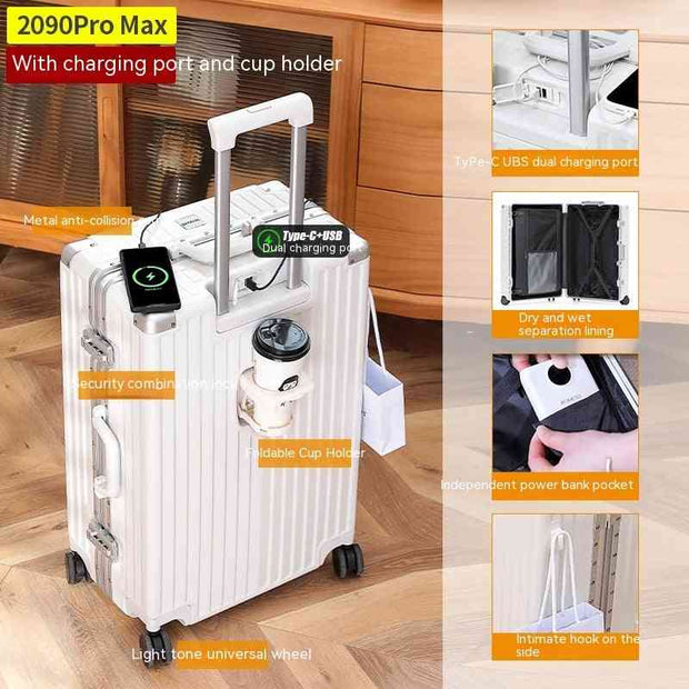 Cup Holder And USB Charging Travel Lugga ProMax Aluminum Frame White / 20 Inches Cup Holder And USB Charging Travel Luggage