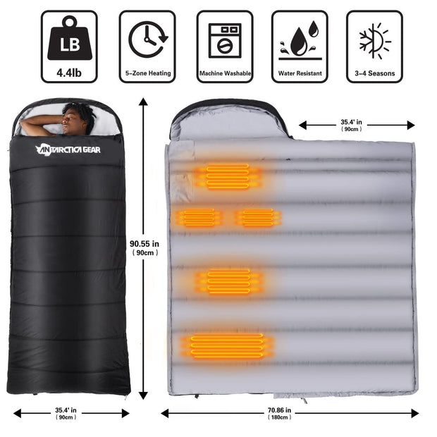 Heated Sleeping Bag Black ANTARCTICA GEAR Heated Sleeping Bag, 5pcs Heating Areas Sleeping Bags 3 Adjustable Heating Levels Cold Weather Sleeping Bag For All Season Hiking & Camping