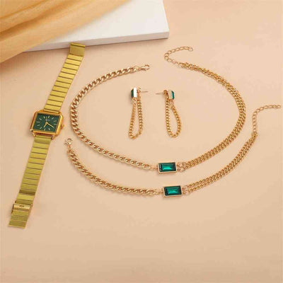 jEWELRY 5 PIECE SET Green Quartz Watch Versatile Chain Emerald Necklace Earrings Bracelet