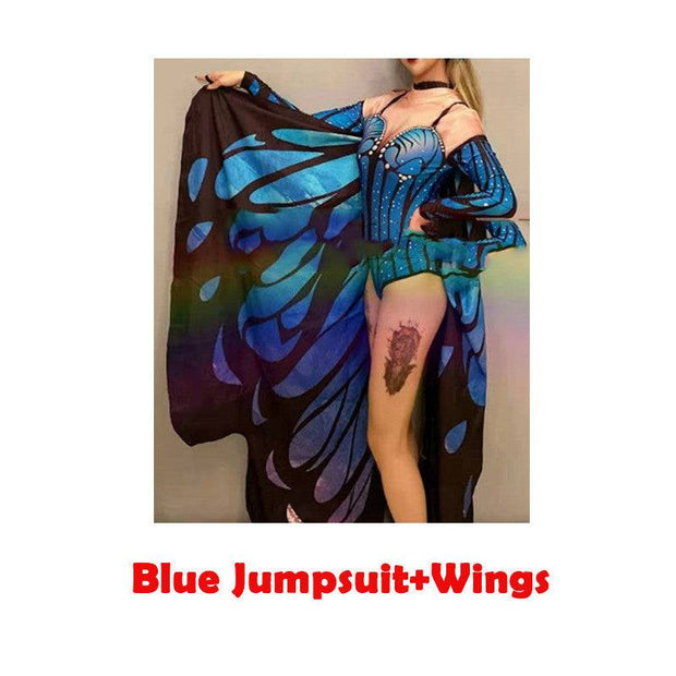 Ladies Fashion Personality Butterfly Cat Blue bodysuit and wings / L Ladies Fashion Personality Butterfly Catwalk Costumes