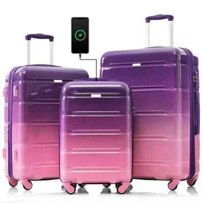 Luggage Set Of 3 Purple And Pink Luggage Set Of 3, 20-inch With USB Port, Airline Certified Carry-on Luggage With Cup Holder