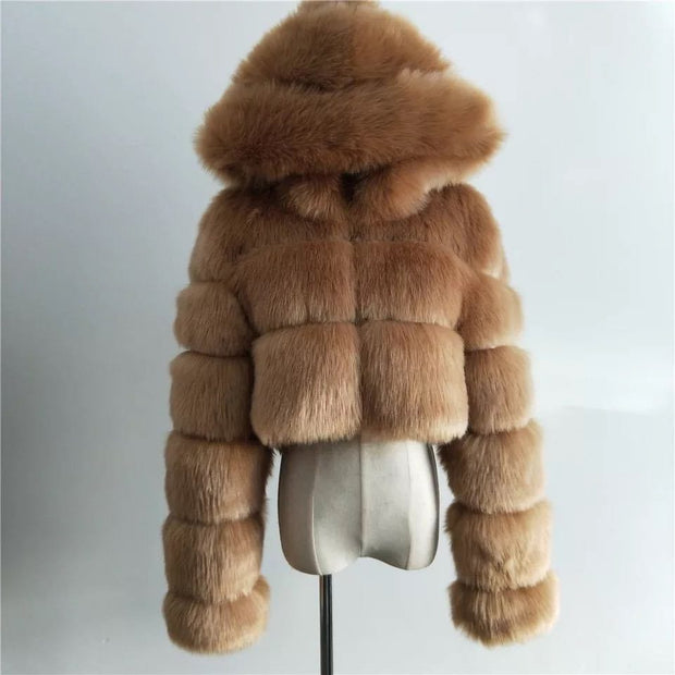 Short hooded faux fur long sleeve coat Brown / 3XL Short hooded faux fur long sleeve coat