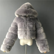 Short hooded faux fur long sleeve coat Grey / 3XL Short hooded faux fur long sleeve coat