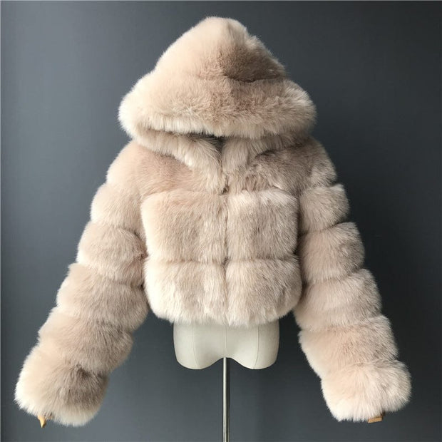 Short hooded faux fur long sleeve coat Mi Camel / 3XL Short hooded faux fur long sleeve coat