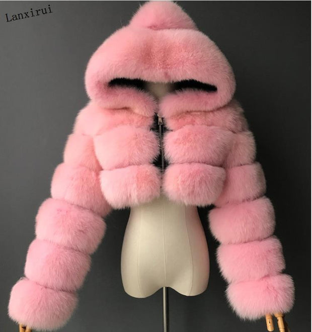 Short hooded faux fur long sleeve coat Pink / 3XL Short hooded faux fur long sleeve coat