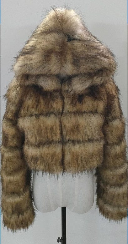 Short hooded faux fur long sleeve coat Raccoon fur / 3XL Short hooded faux fur long sleeve coat