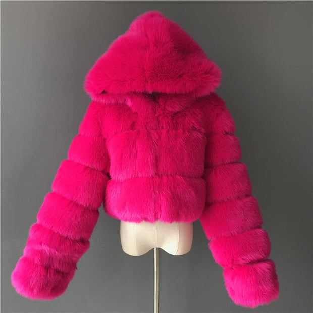 Short hooded faux fur long sleeve coat Rose Red / 3XL Short hooded faux fur long sleeve coat