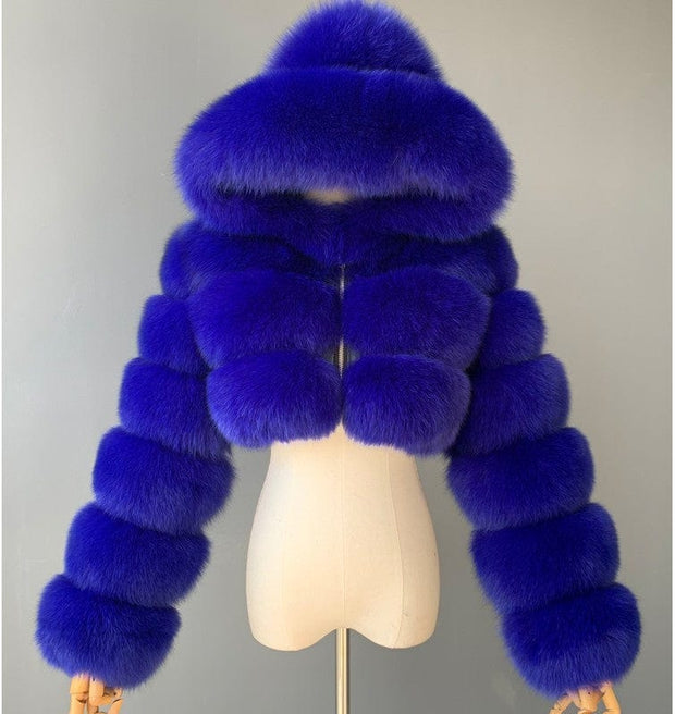 Short hooded faux fur long sleeve coat Royal Blue / 3XL Short hooded faux fur long sleeve coat