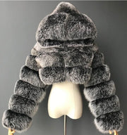 Short hooded faux fur long sleeve coat Silver fox / 3XL Short hooded faux fur long sleeve coat