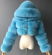 Short hooded faux fur long sleeve coat Sky Blue / 3XL Short hooded faux fur long sleeve coat