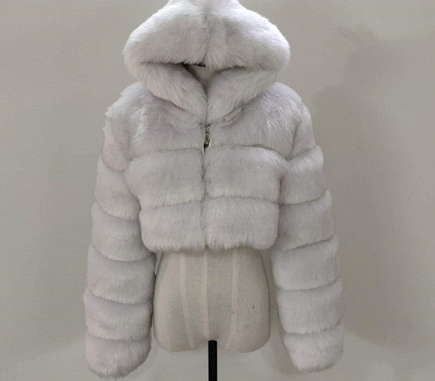 Short hooded faux fur long sleeve coat True color / 3XL Short hooded faux fur long sleeve coat