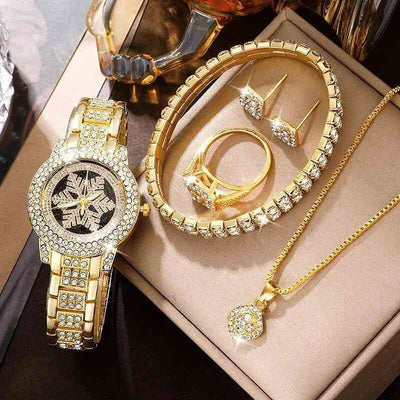 Snowflake Pattern Watch Luxury Full Rhin Gold Snowflake Pattern Watch Luxury Full Rhinestone Jewelry Five-piece Set