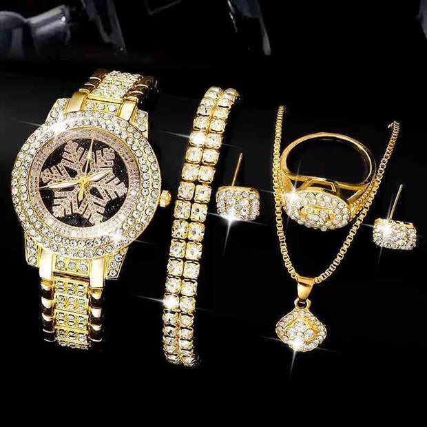 Snowflake Pattern Watch Luxury Full Rhin Gold Snowflake Pattern Watch Luxury Full Rhinestone Jewelry Five-piece Set