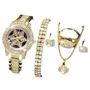 Snowflake Pattern Watch Luxury Full Rhin Gold Snowflake Pattern Watch Luxury Full Rhinestone Jewelry Five-piece Set