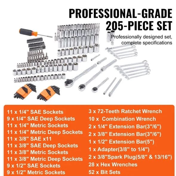 VEVOR Mechanics Tool Set Default VEVOR Mechanics Tool Set And Socket Set,  Drive Deep And Standard Sockets, 205 Pcs SAE And Metric Mechanic Tool Kit With Bits, Combination Wrench, Hex Wrenches, Accessories, Storage Case